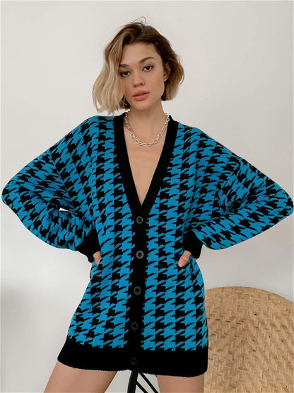 Cardigan femme motif carreaux tendance col en V