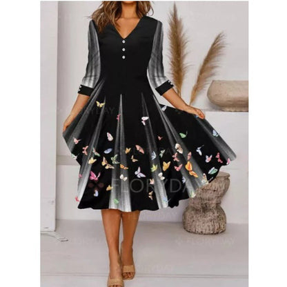 Robe midi pour femme Col en V Motif floral Élégante