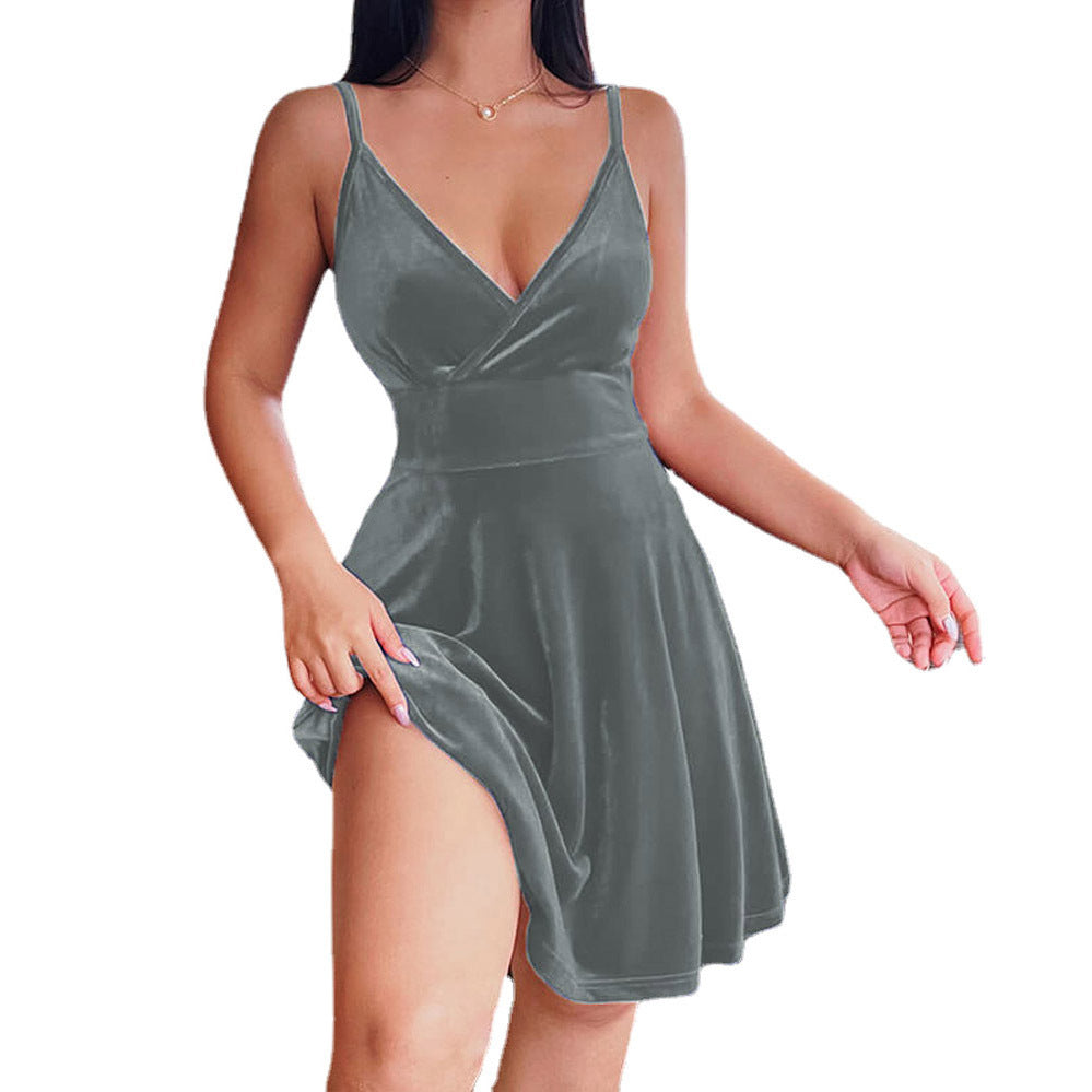 Robe de soirée velours femme coupe trapèze décolleté plongeant