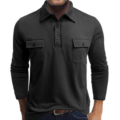 Polo pour hommes, coton, manches longues, poches à rabat
