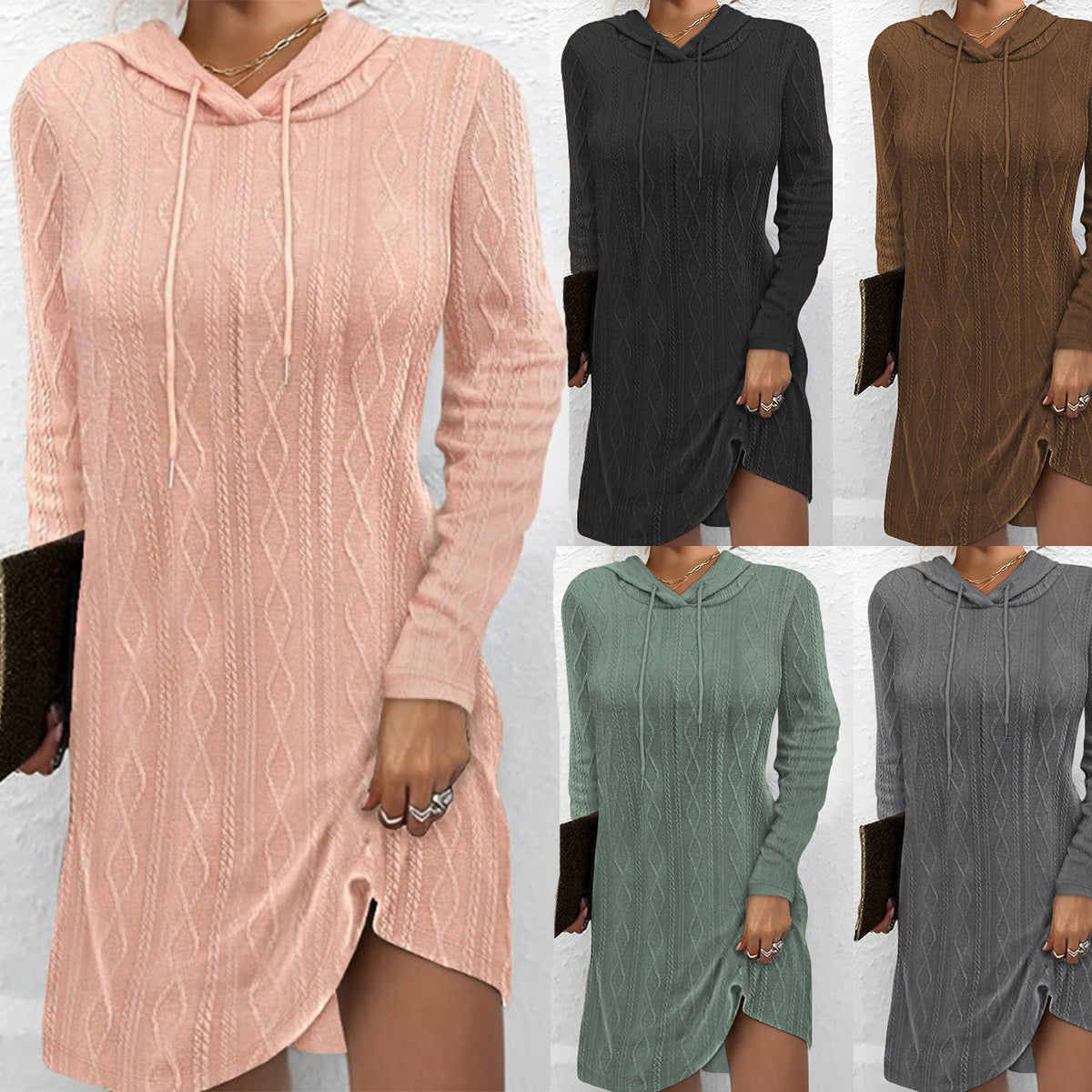 Damen Strickkleid Kapuze Seitenschlitze Trendy - IdealeKleiden