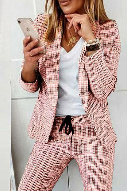 Ensemble blazer à carreaux et pantalon à cordon de serrage