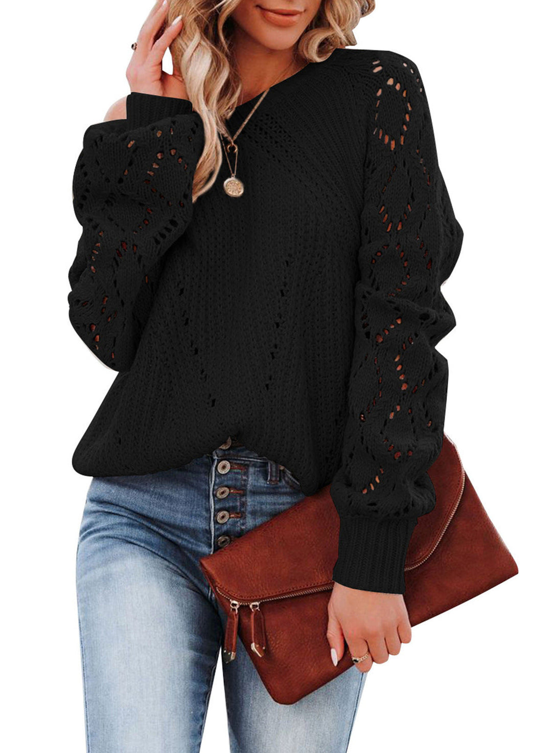 Pull Femme Élégant Manches Amples Tricot Aéré