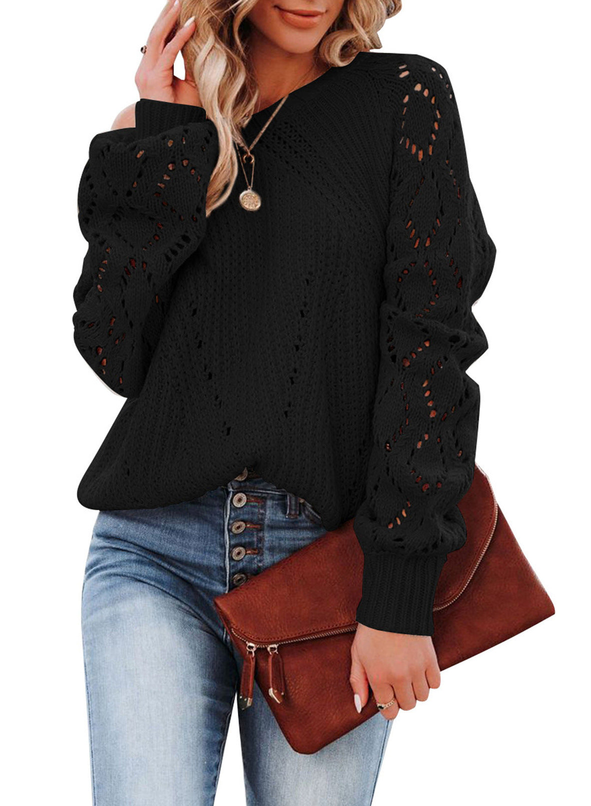 Pull Femme Élégant Manches Amples Tricot Aéré