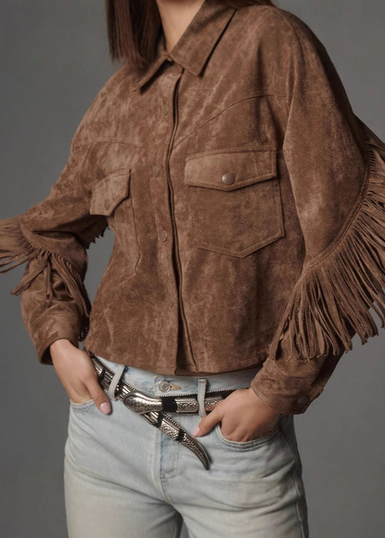 Blouson en cuir élégant, charme daim à franges