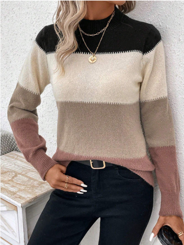 Pull tricoté femme Tendance Rayures color block Col haut