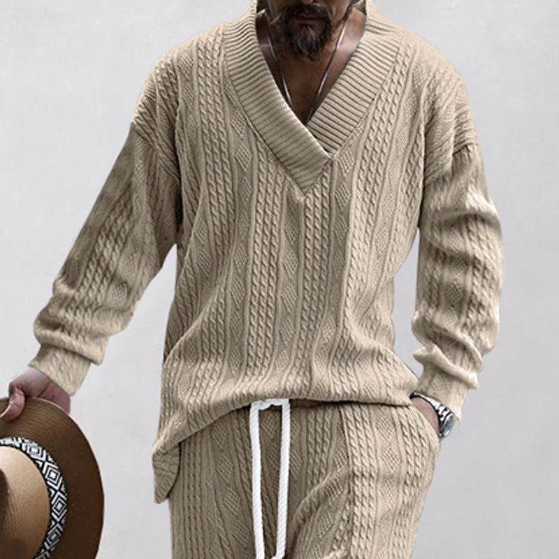 Pull-over tricoté pour homme Col V décontracté effet torsadé