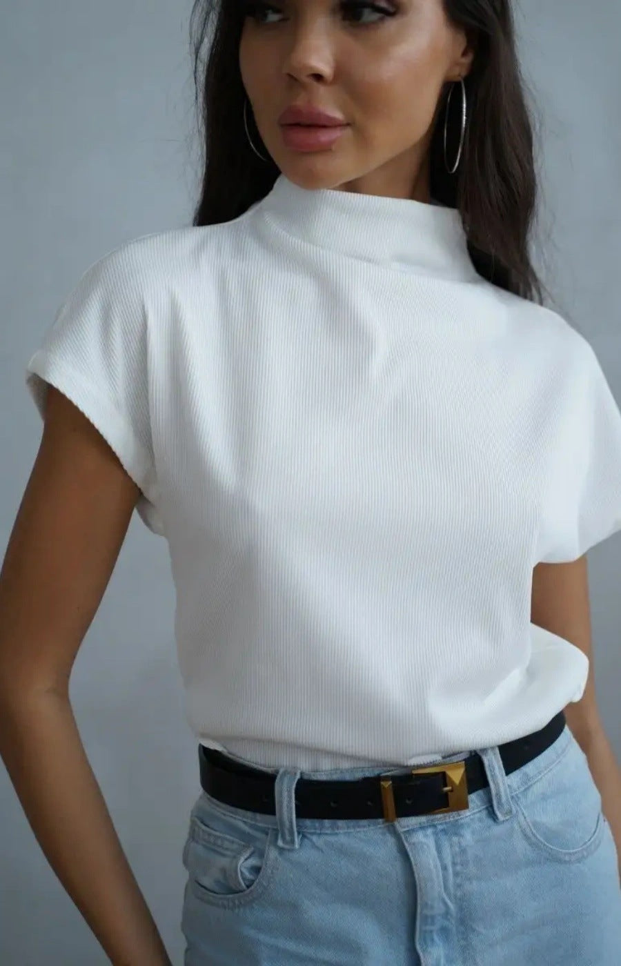 Haut pour femmes, manches courtes, élégant, col montant