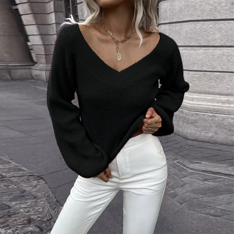 Pull en tricot pour femmes Col en V Manches trapèze Vêtements féminins tendance
