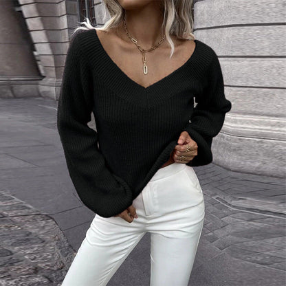 Pull en tricot pour femmes Col en V Manches trapèze Vêtements féminins tendance