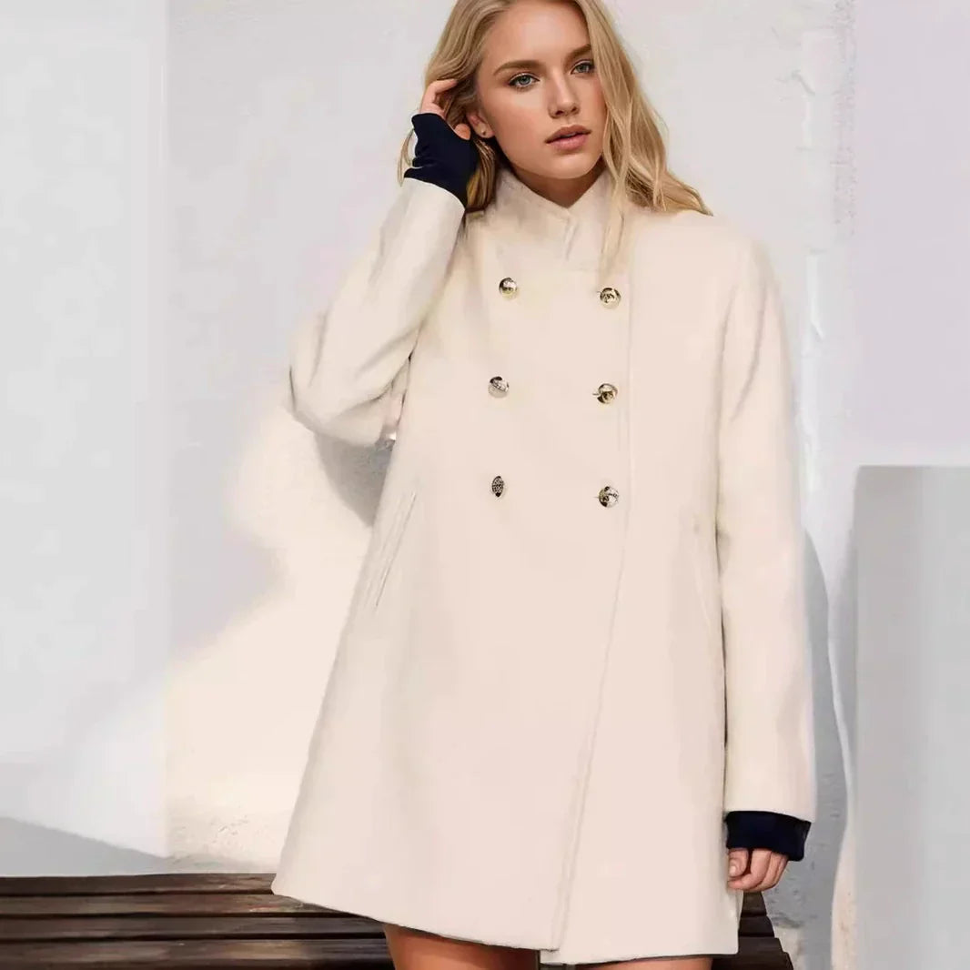 Veste en laine femme moderne, double boutonnage, col haut