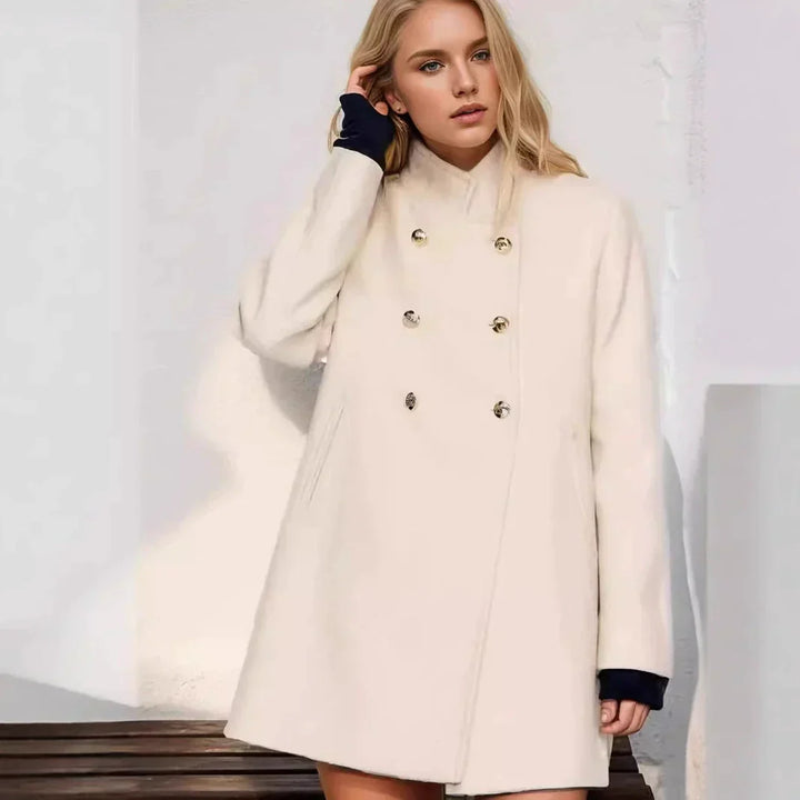 Veste en laine femme moderne, double boutonnage, col haut