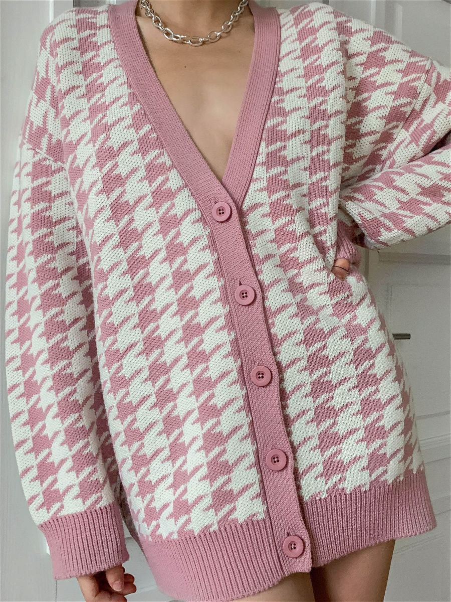 Cardigan femme motif carreaux tendance col en V