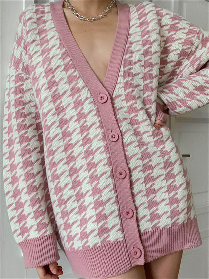 Cardigan femme motif carreaux tendance col en V