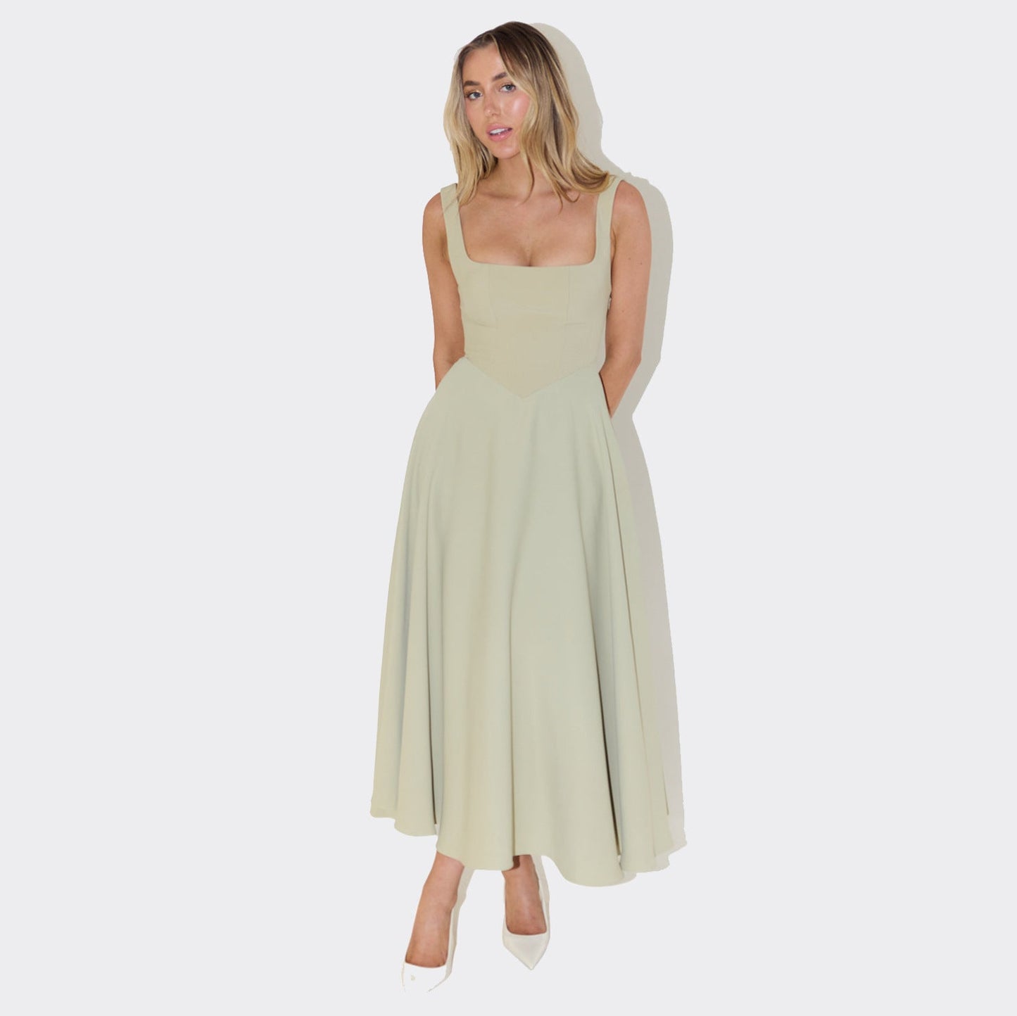 Robe longue femme élégante ligne A décolleté carré