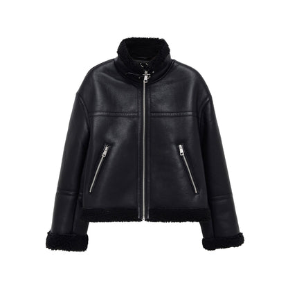 Élégante veste en cuir style aviateur noir