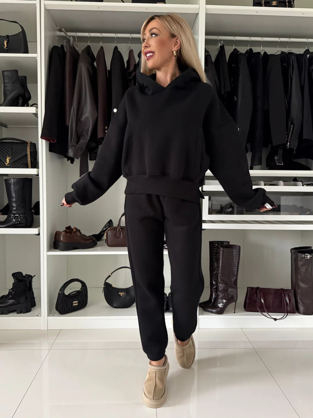 Ensemble de survêtement femme, sweat à capuche et pantalon de jogging en polaire douce
