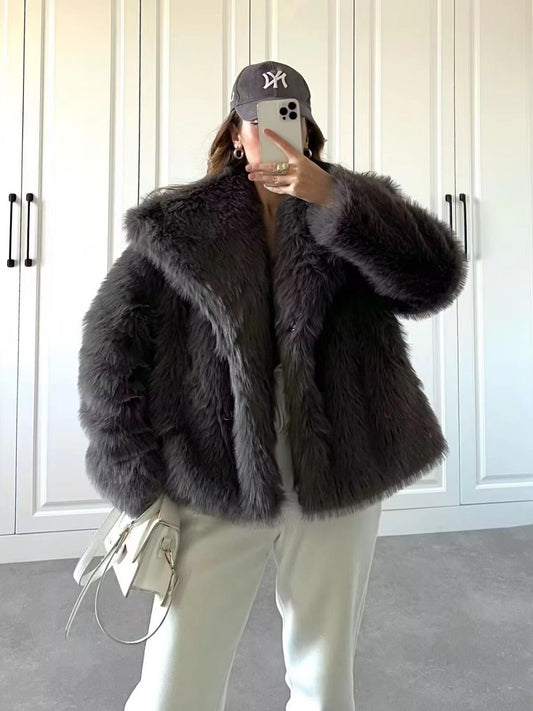 Weiche Plüschjacke Cropped Schnitt Großes Revers - IdealeKleiden