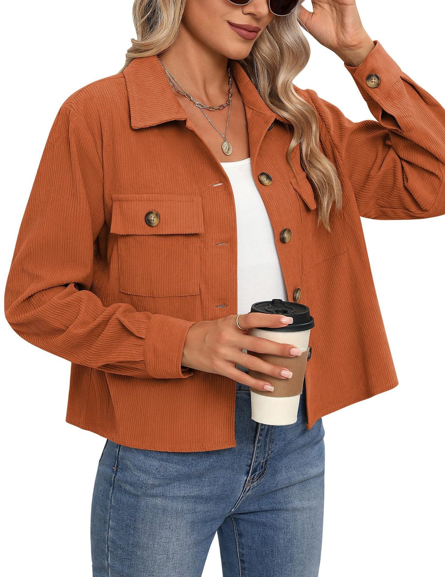 Veste en velours côtelé pour femme, design moderne à deux poches