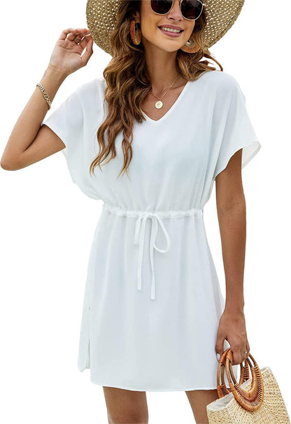 Robe d'été femme col en V cordon de serrage mini-robe