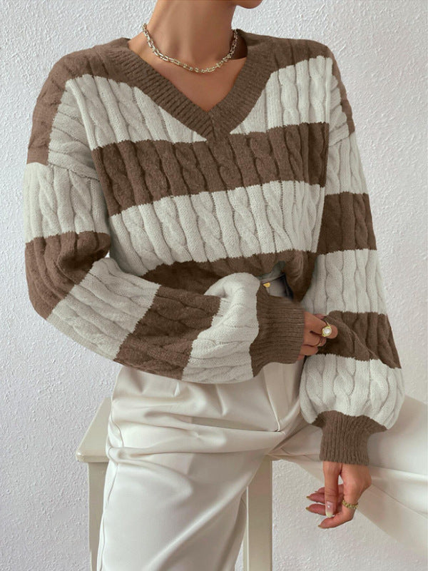 Pull en tricot pour femme col en V manches longues design élégant