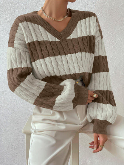 Pull en tricot pour femme col en V manches longues design élégant