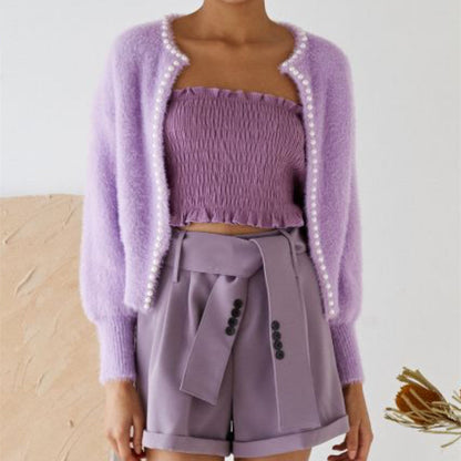 Cardigan ample et doux pour femme avec boutons en perles