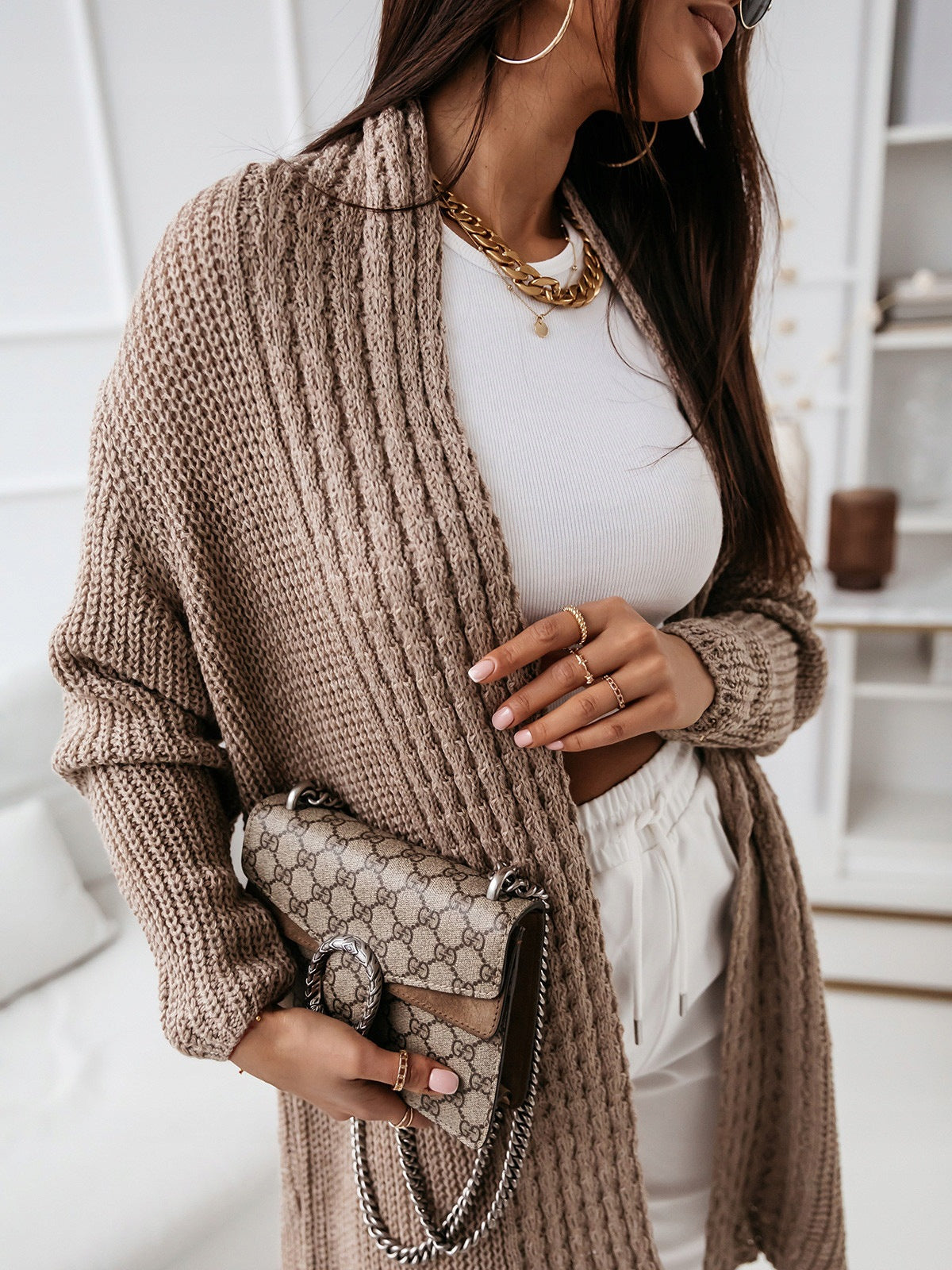 Gilet en tricot à manches longues, aspect laineux, ample et lacé