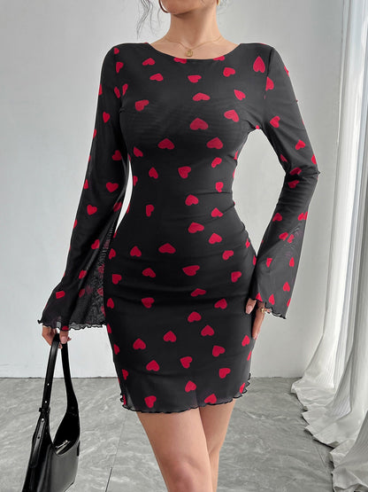 Robe Courte Femme Romantique Motif Cœur Manches Longues
