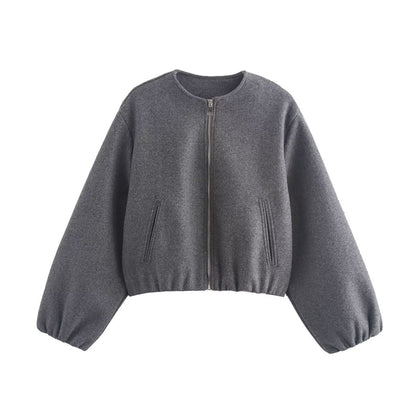 Veste courte en laine pour femme, fermeture éclair, style moderne