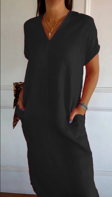 Robe d'été femme viscose lin élégante col en V