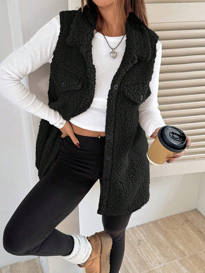 Gilet teddy doux en peluche pour femme avec poches