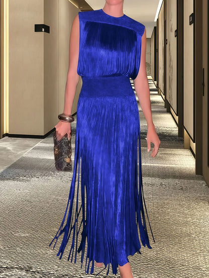 Robe longue femme design élégant avec plis et franges