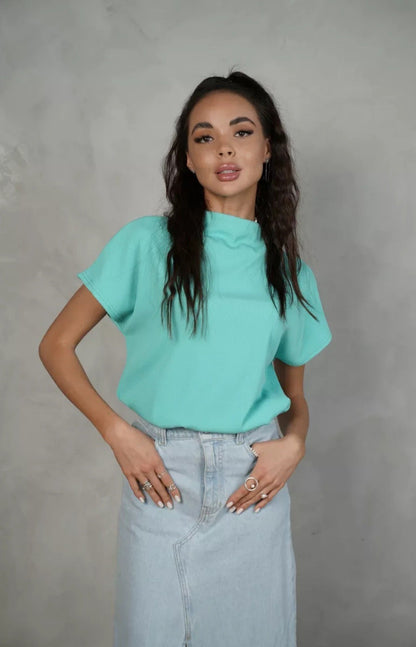 Haut pour femmes, manches courtes, élégant, col montant