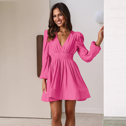 Robe femme élégante col en V manches bouffantes robe de soirée