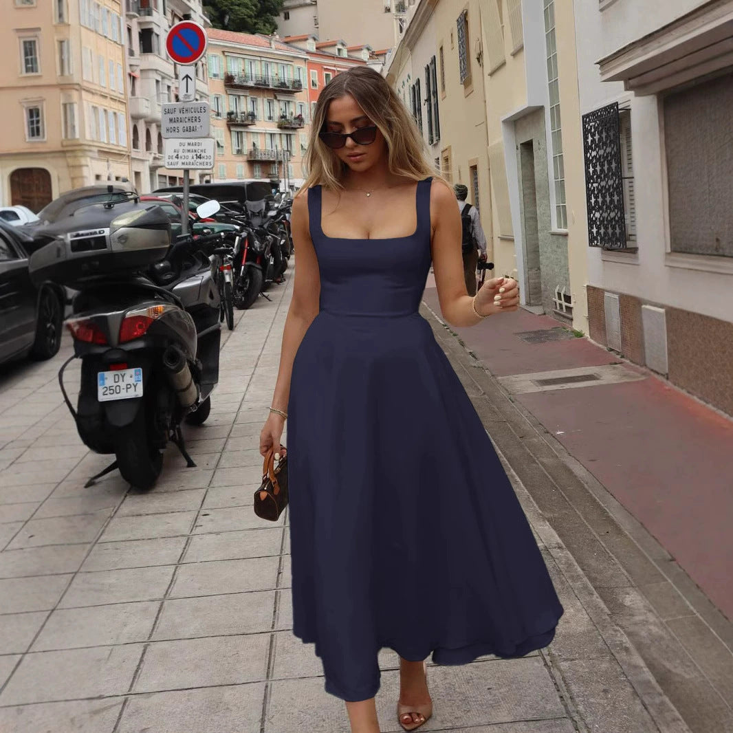 Robe longue femme élégante ligne A décolleté carré