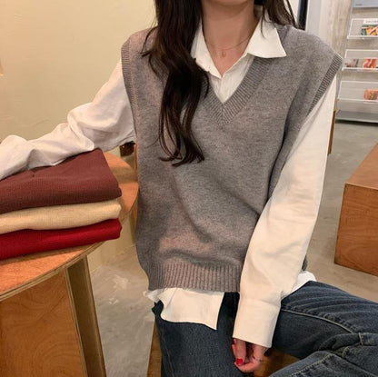 Gilet tricoté sans manches col en V pour femme Tendance