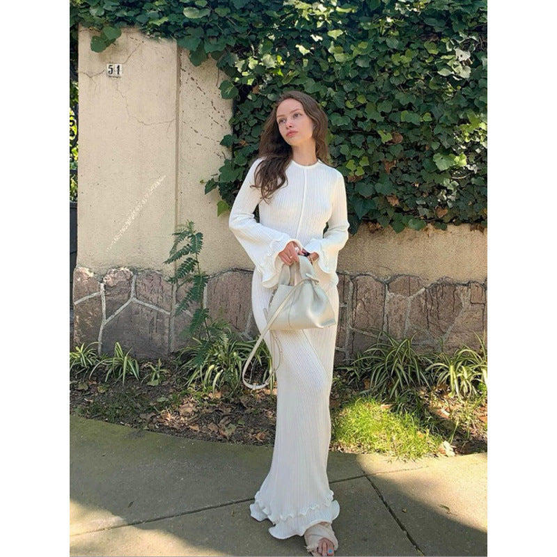 Damen Maxikleid Elegant Rüschen Langarm Damenkleid - IdealeKleiden