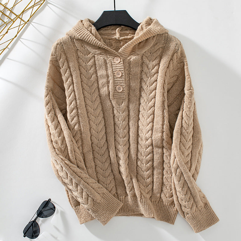 Pull en tricot femme avec capuche et motif torsadé pour l'hiver