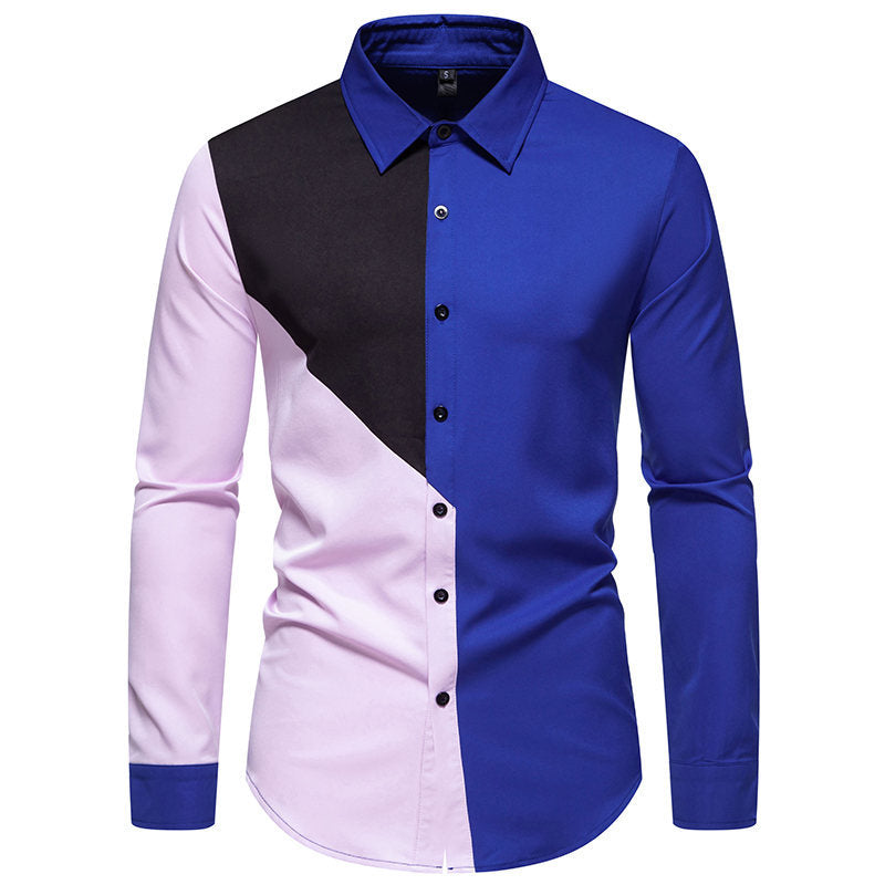 Chemise Homme Manches Longues Motif Géométrique Moderne Blocs de Couleurs