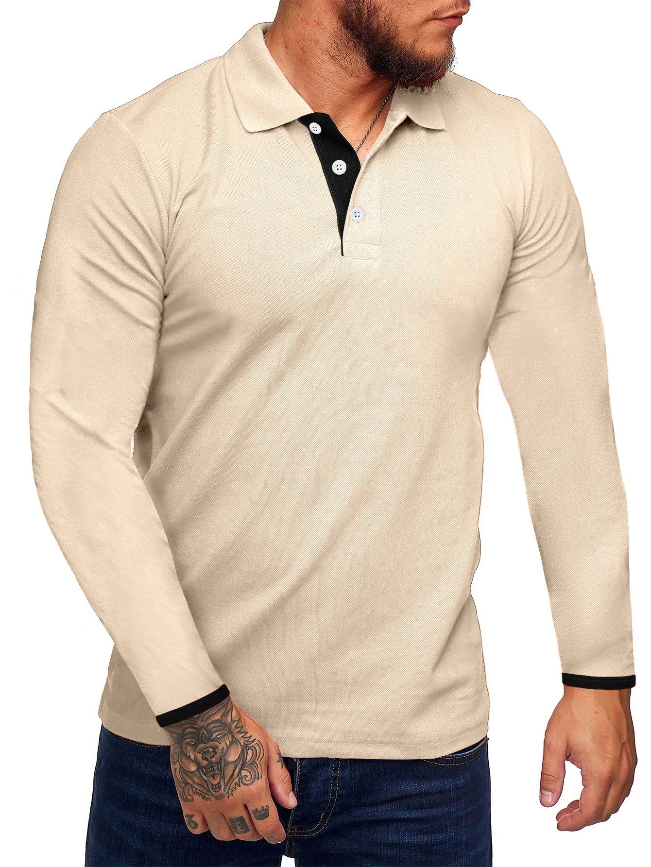 Polo homme manches longues, moderne, boutons contrastés