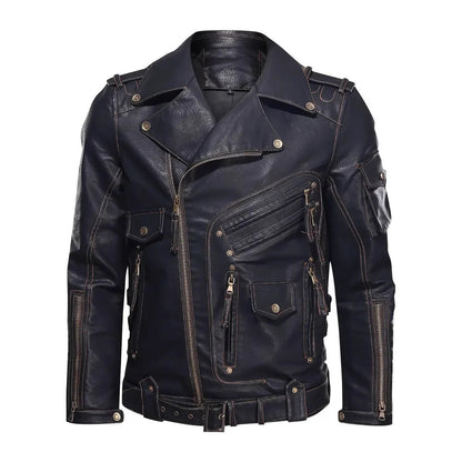 Herren Lederjacke Biker Style Reißverschluss Taschen - IdealeKleiden