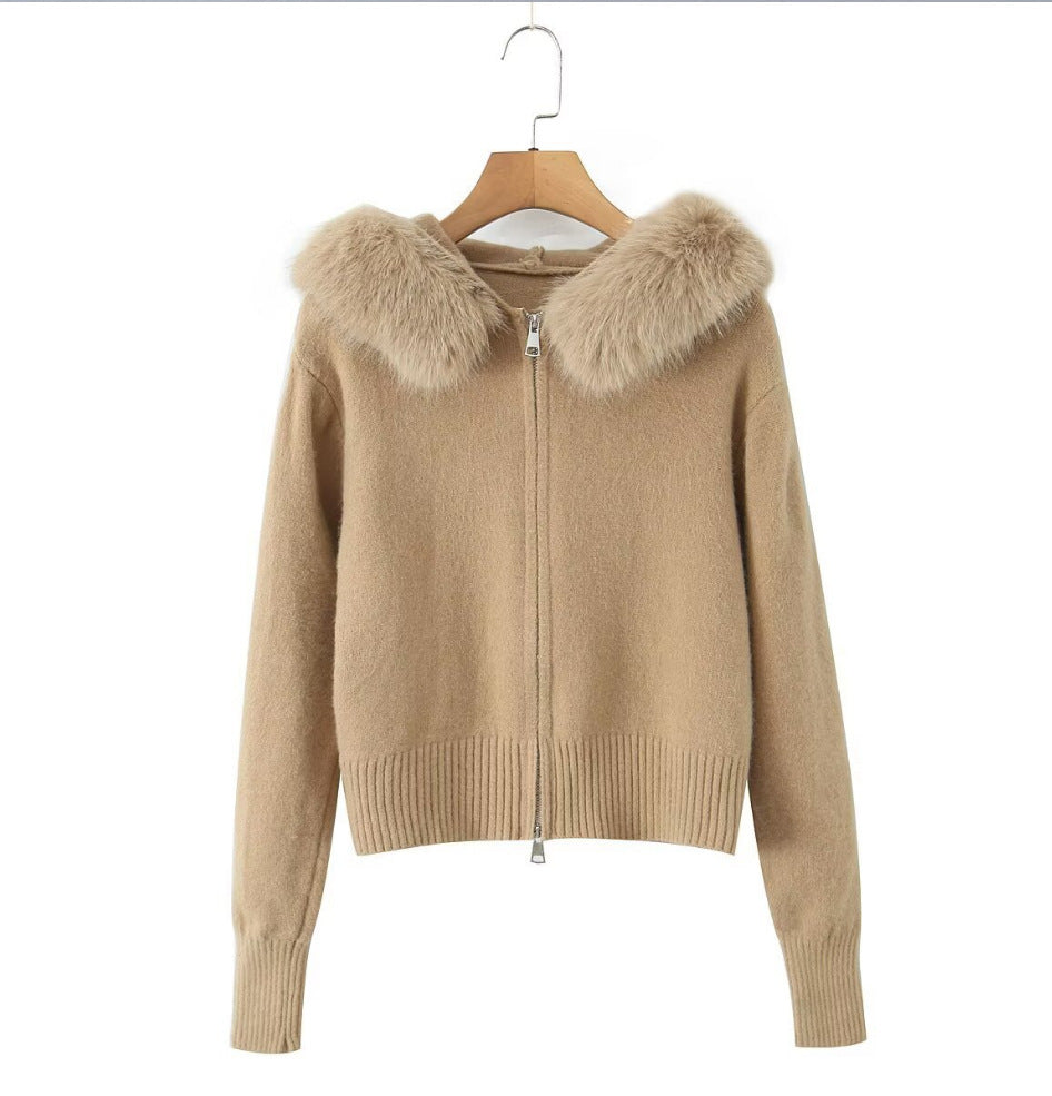 Cardigan pour femme col en fausse fourrure de luxe fermeture éclair