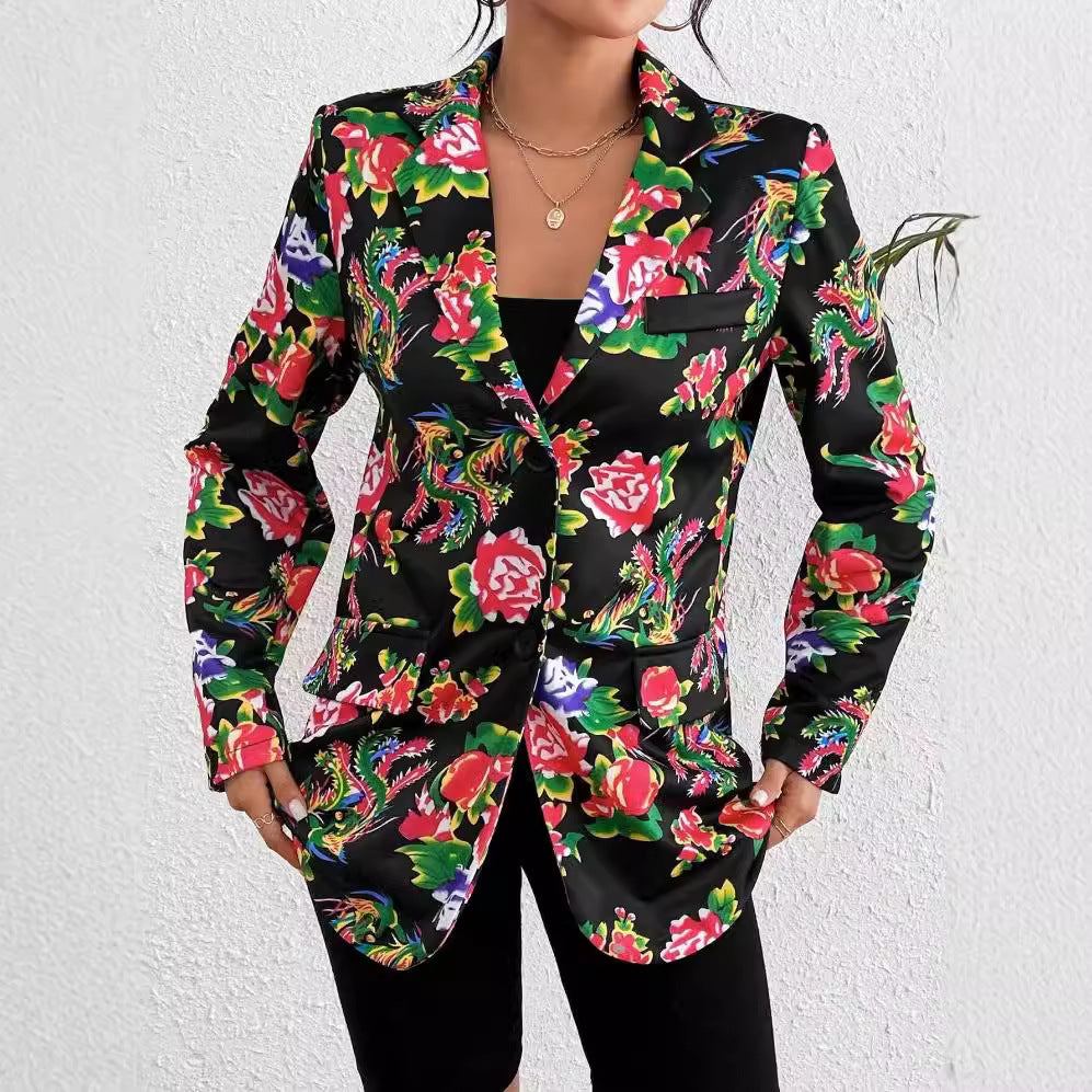 Blazer élégant coupe slim motif floral doux brillant