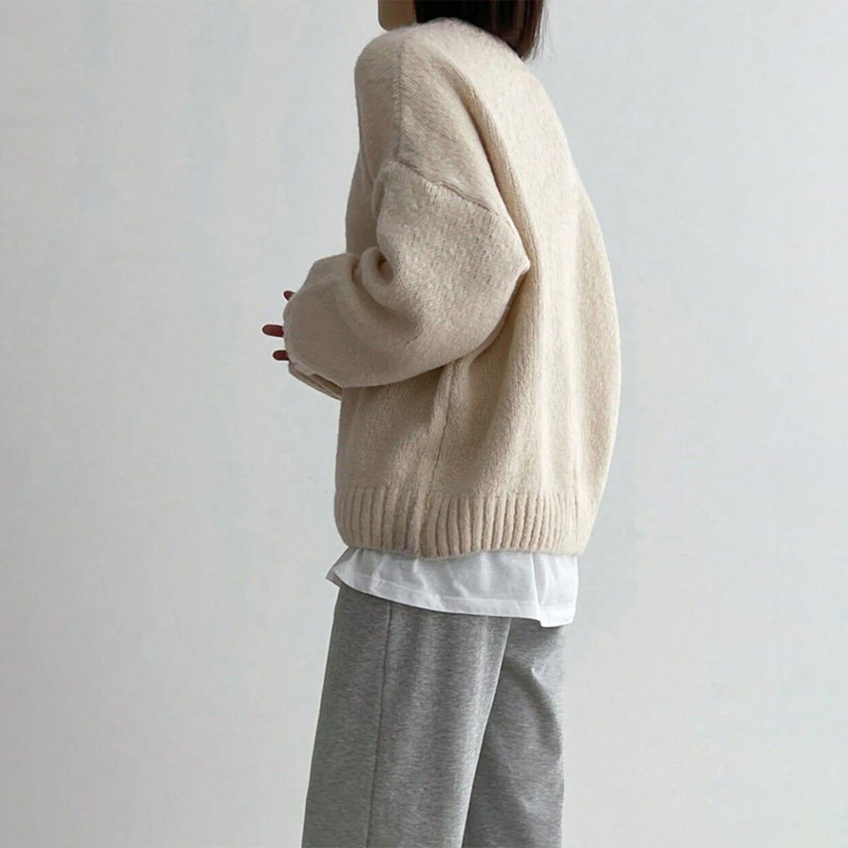 Übergrößer Pullover aus Wolle Rundhals mit Rippenbündchen - IdealeKleiden