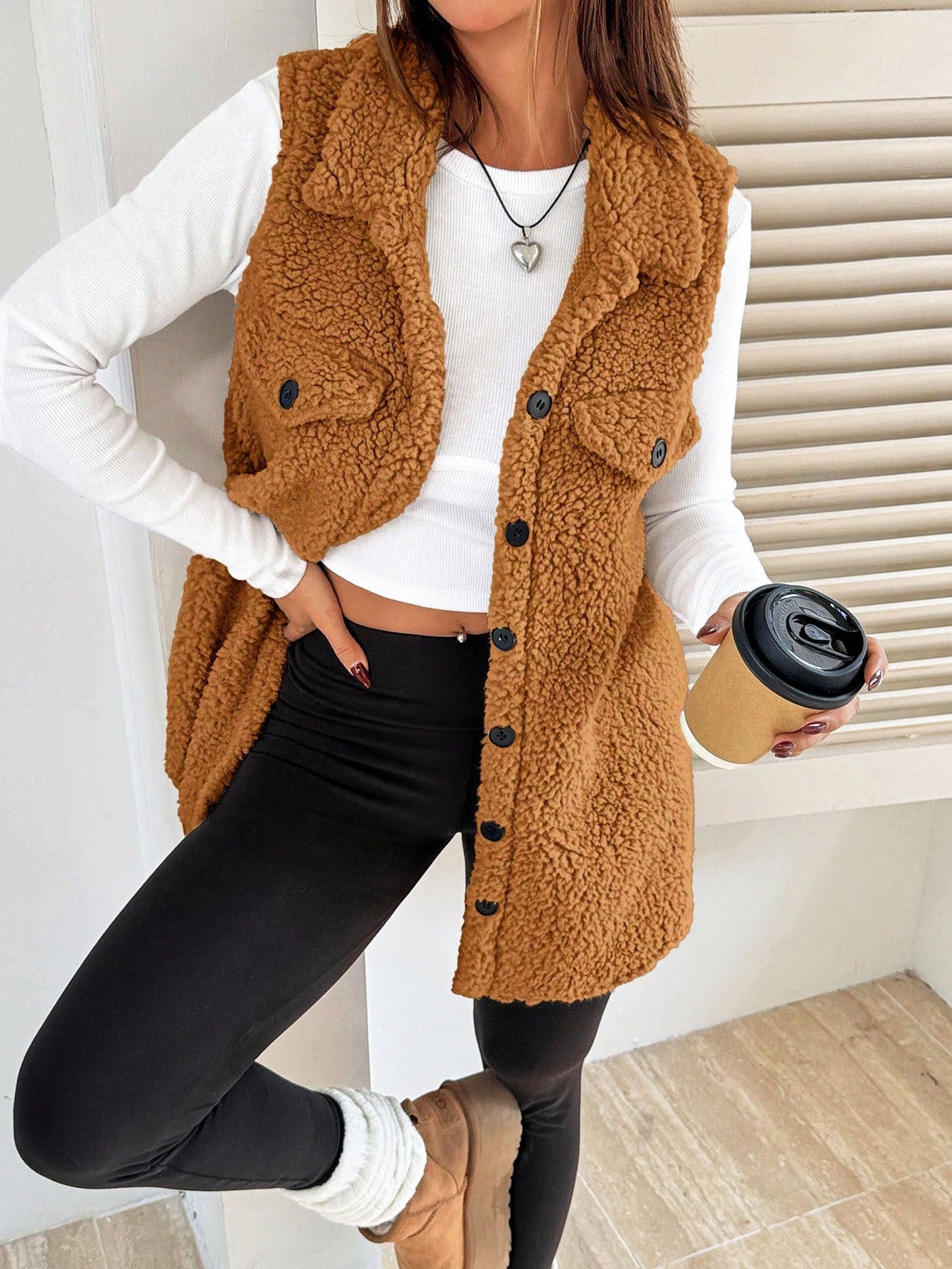 Gilet teddy doux en peluche pour femme avec poches
