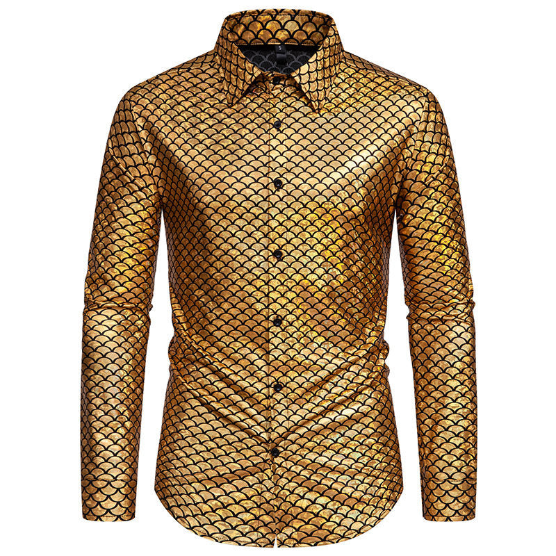 Chemise brillante à manches longues pour homme, motif écailles de poisson