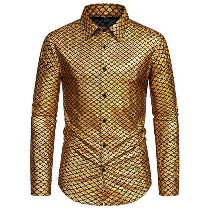 Chemise brillante à manches longues pour homme, motif écailles de poisson
