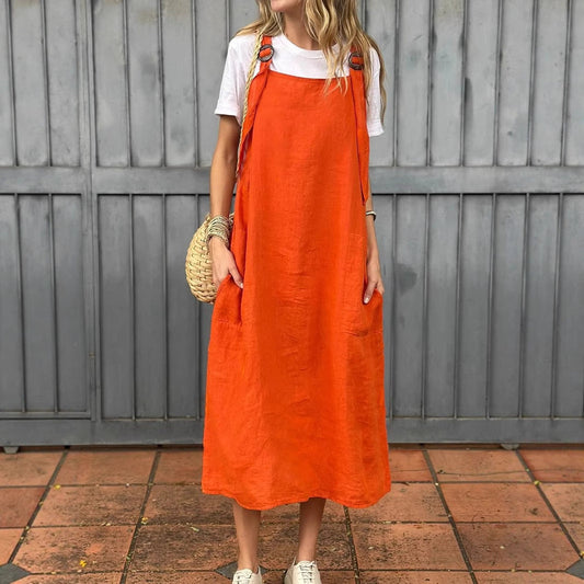 Sommerkleid Damen Leinen Bequem mit Taschen - IdealeKleiden