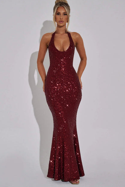 Robe de soirée scintillante à paillettes décolleté en V profond épaules dénudées
